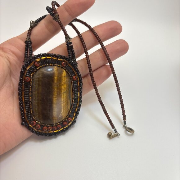 Natural Tiger's Eye Beaded Black & Brown Stone Macrame Necklace Size 17" Length - Picture 8 of 11